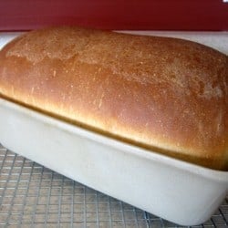 Sandwich bread loaf in a baking pan on a cooling rack.