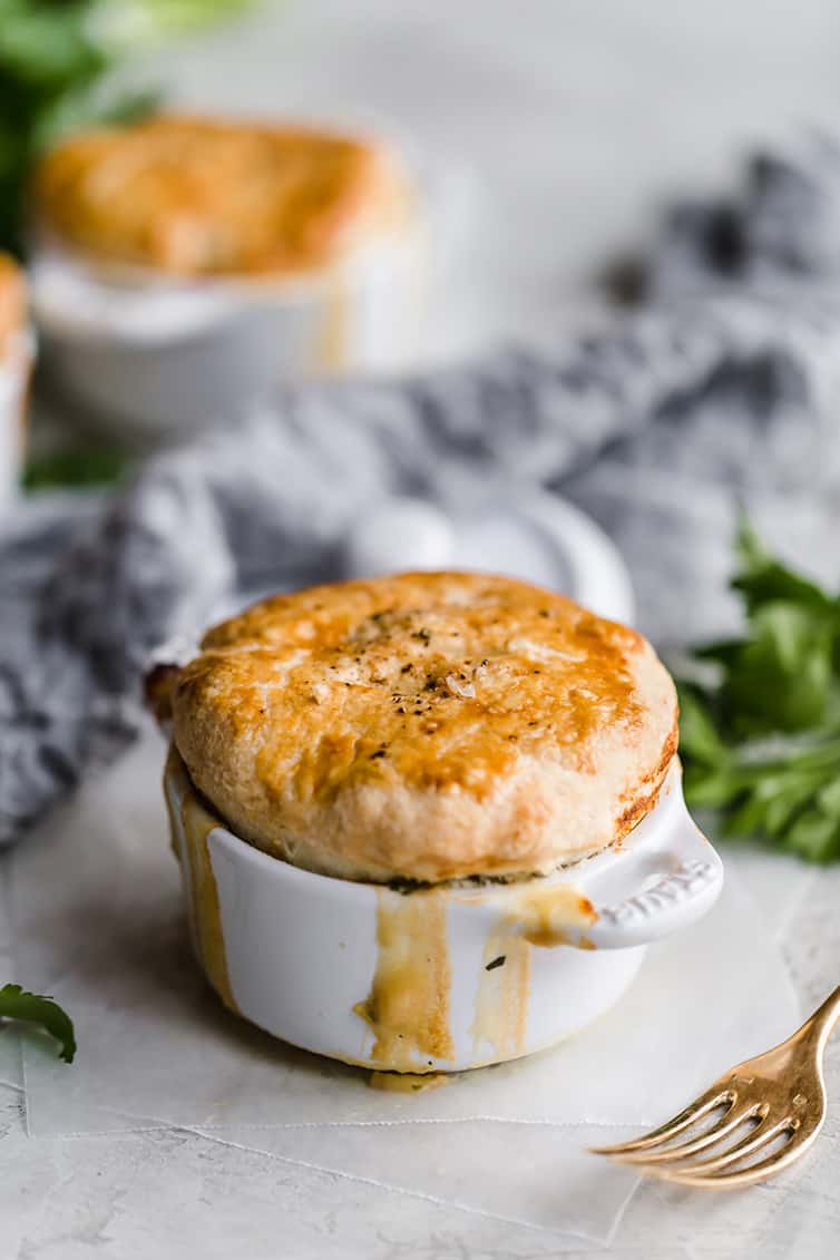 Baked chicken pot pie in a ramekin.