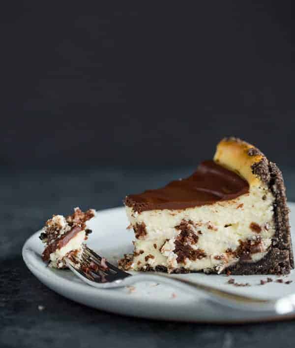A side view of Brownie Mosaic Cheesecake