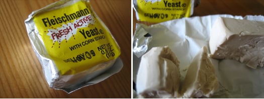 Collage of 2 images of yeast and ingredients for challah bread.