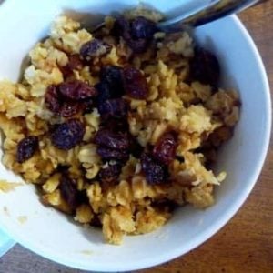 Baked oatmeal with raisins and dried berries in a white bowl with a spoon.