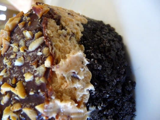 Side view of chocolate peanut butter torte.