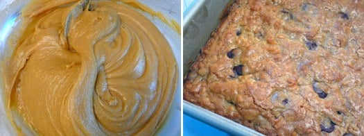 2 images of blondie batter and baked coconut chocolate chunk blondies.
