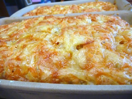 Three cheese beer bread in a loaf pan.