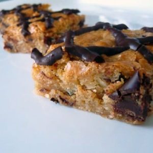 Coconut chocolate chunk blondies on a white plate.