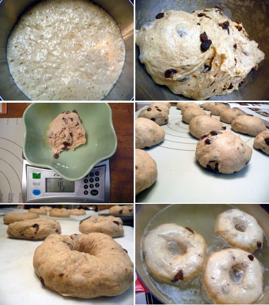 Collage of images showing how to make cinnamon raisin bagels.