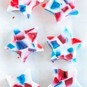 A tray of red, white and blue stained glass Jello stars.