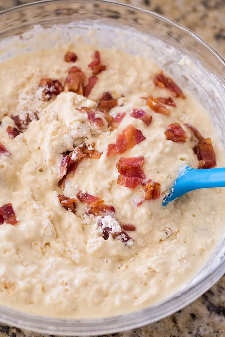 Mixing up the batter for Brown Sugar-Bacon Buttermilk Waffles