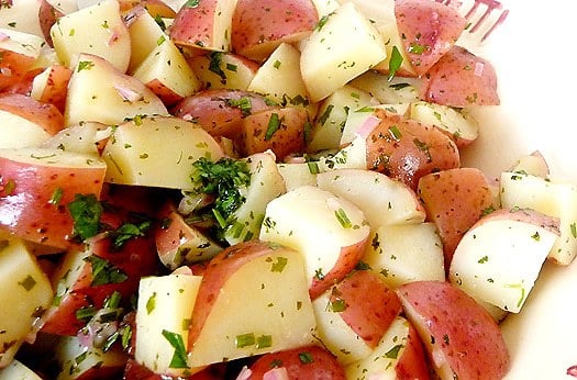 Potato salad in a serving dish.