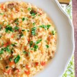 Sausage, Pepper & Mushroom Risotto - A hearty meal that needs only Italian bread and a big salad as an accompaniment! | https://apex-male.info/italian-sausage-red-pepper-and-mushroom-risotto/