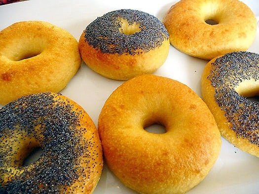 3 plain egg bagels and 3 poppy seed egg bagels.