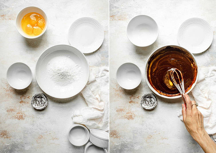 Side by side photos of mixing batter for chocolate lava cakes.