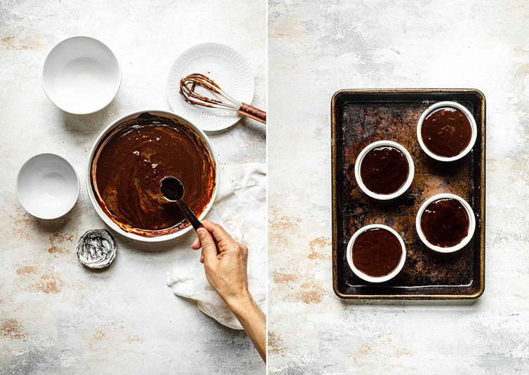 Mixing lava cake batter together and batter in ramekins on a baking sheet.