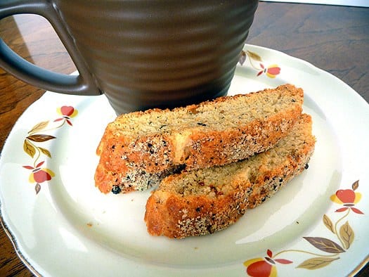 Parmesan black pepper biscotti on a white plate.
