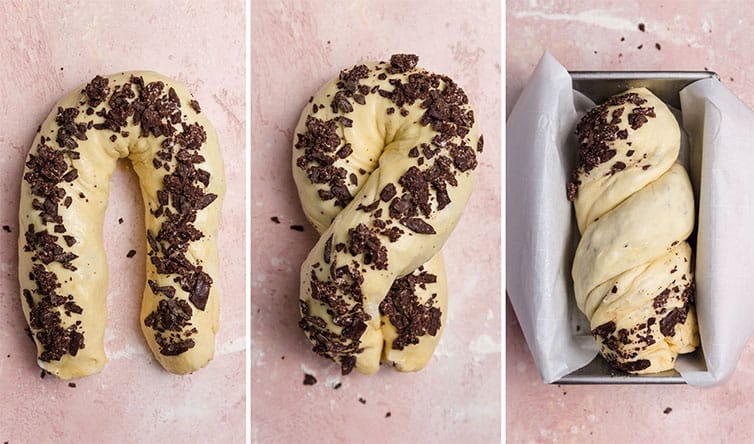 Collage of photos shaping babka into figure 8 and placing in pan.