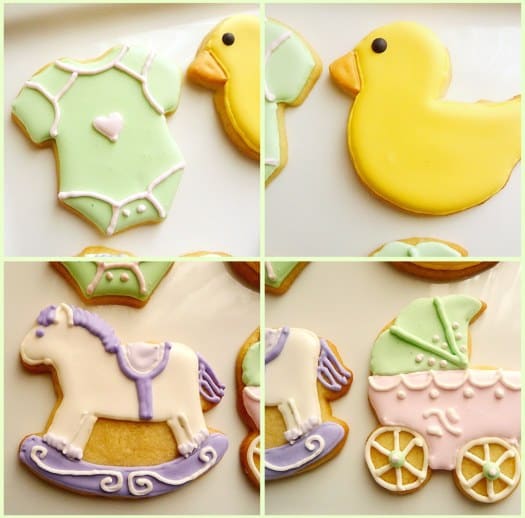 Collage of 4 images of baby shower cookies including cookies decorated like a onesie, rubber duck, rocking horse, and stroller.