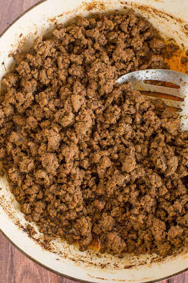Cooked taco meat for beef tacos using homemade taco seasoning mix.