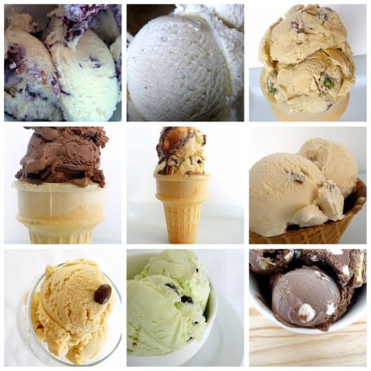 Collage of 9 images showing various scoops of ice cream flavors.