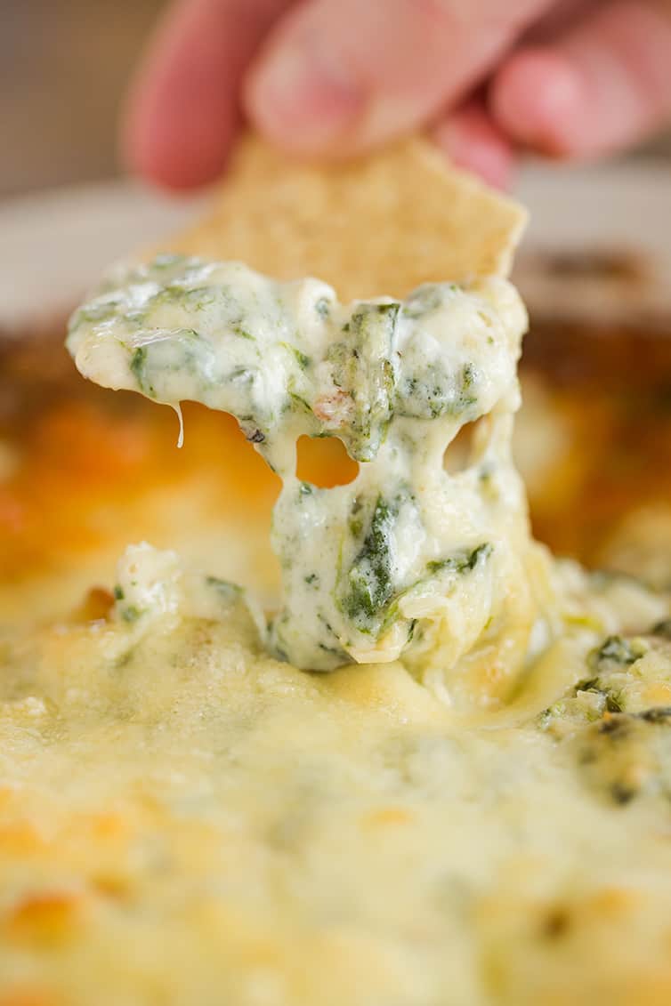 Dipping a tortilla chip into spinach artichoke dip.