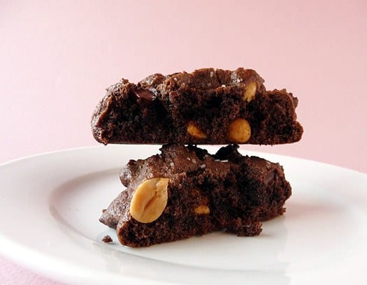 A salted double chocolate peanut butter cookie broken in half with the halves stacked on each other on a white plate.