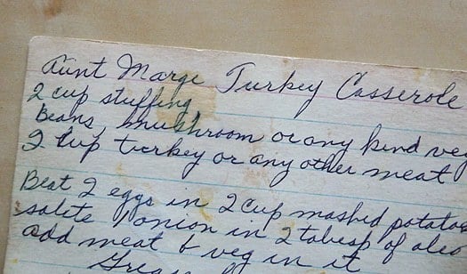Turkey casserole recipe handwritten on a white notecard.