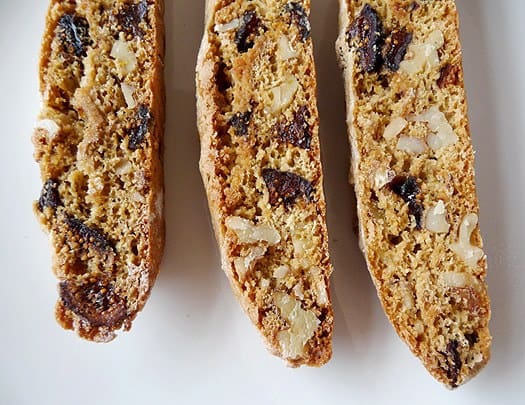 3 pieces of fig and walnut biscotti.