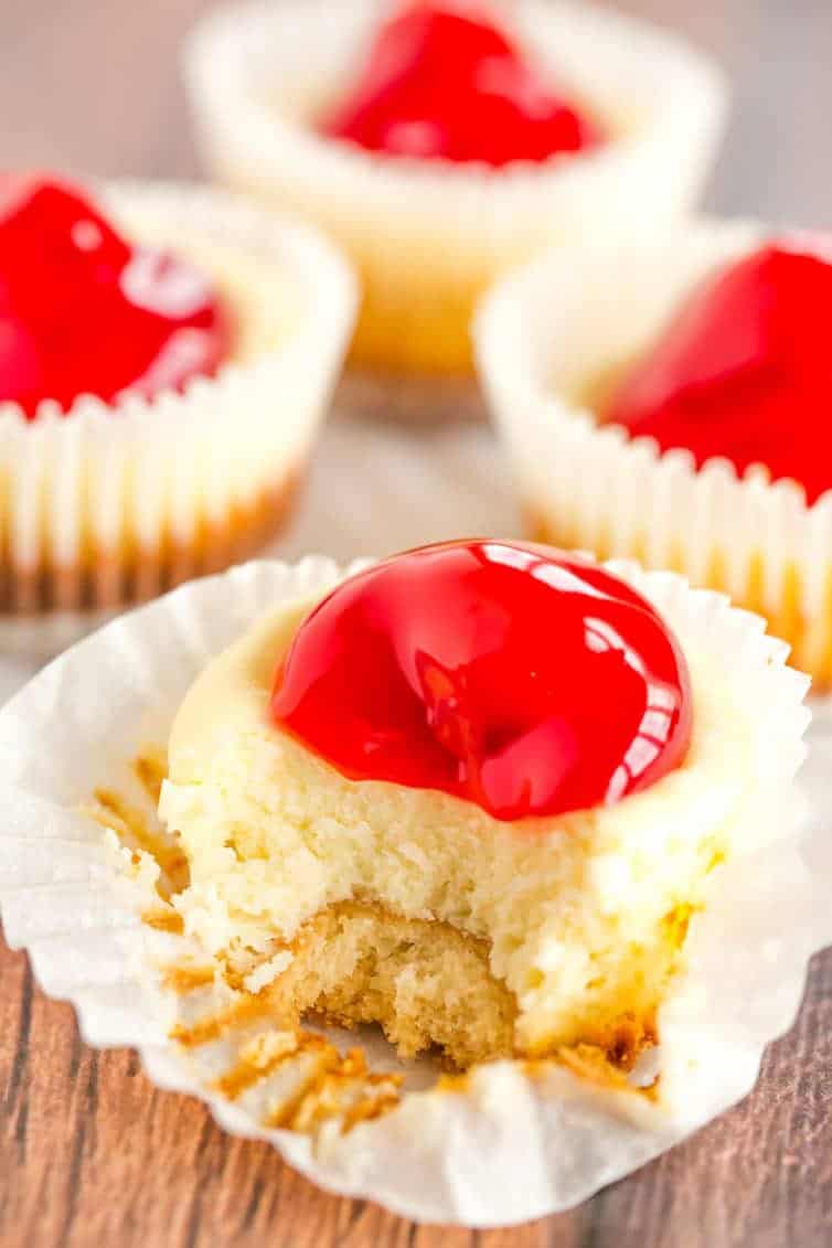 These easy mini cheesecakes have been a holiday staple in my family forever! Nilla wafers are topped with cheesecake batter and cherry pie filling. A perfect bite-size treat!
