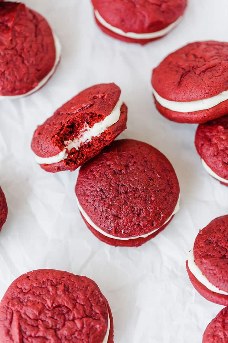 Overhead view of red velvet whoopie pies.