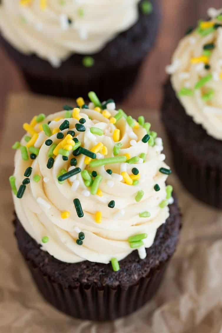 Irish Car Bomb Cupcakes :: Guinness chocolate cake, Jameson whiskey ganache filling, and Baileys buttercream frosting.