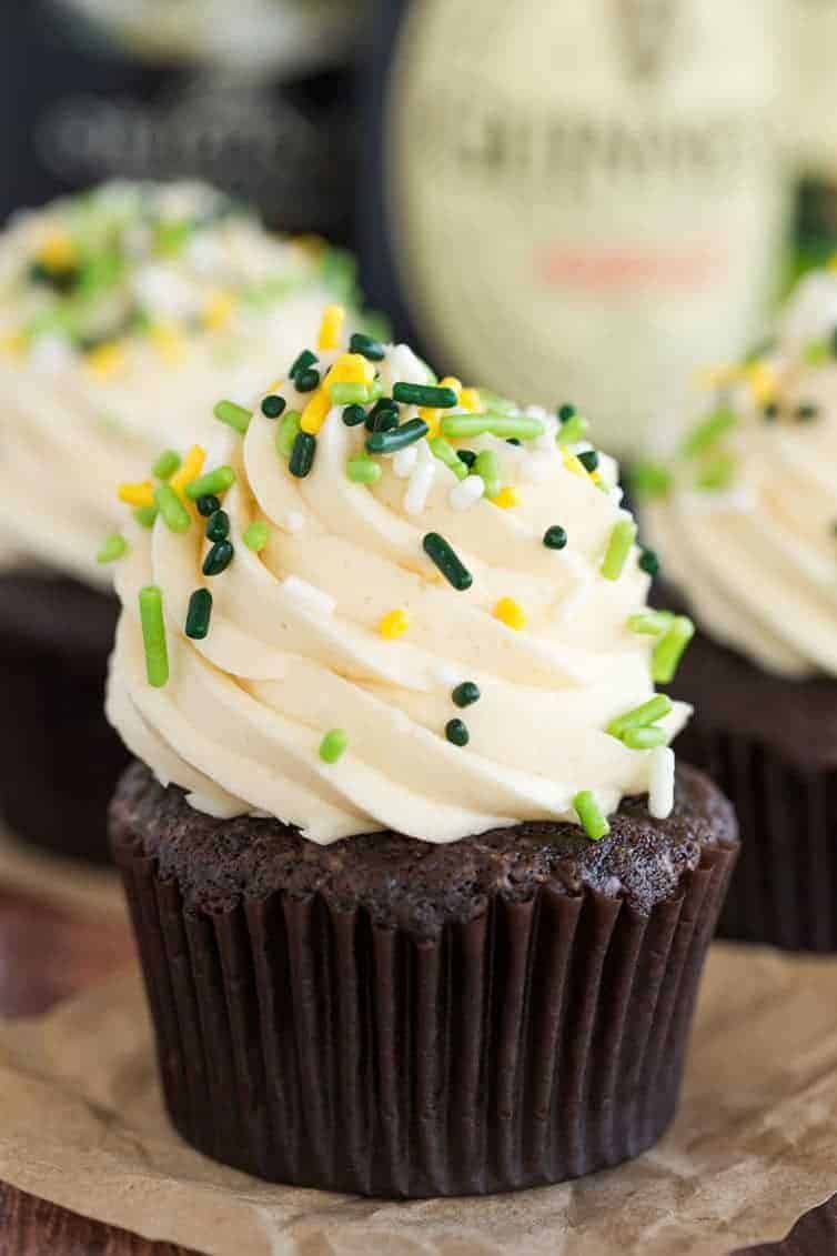 Irish Car Bomb Cupcakes :: Guinness chocolate cake, Jameson whiskey ganache filling, and Baileys buttercream frosting.