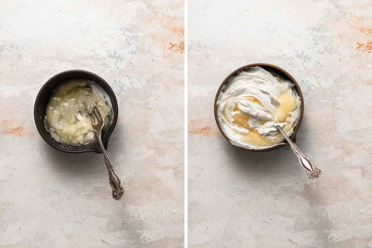 Mixing together butter, sugar, and sour cream for the start of king cake dough.