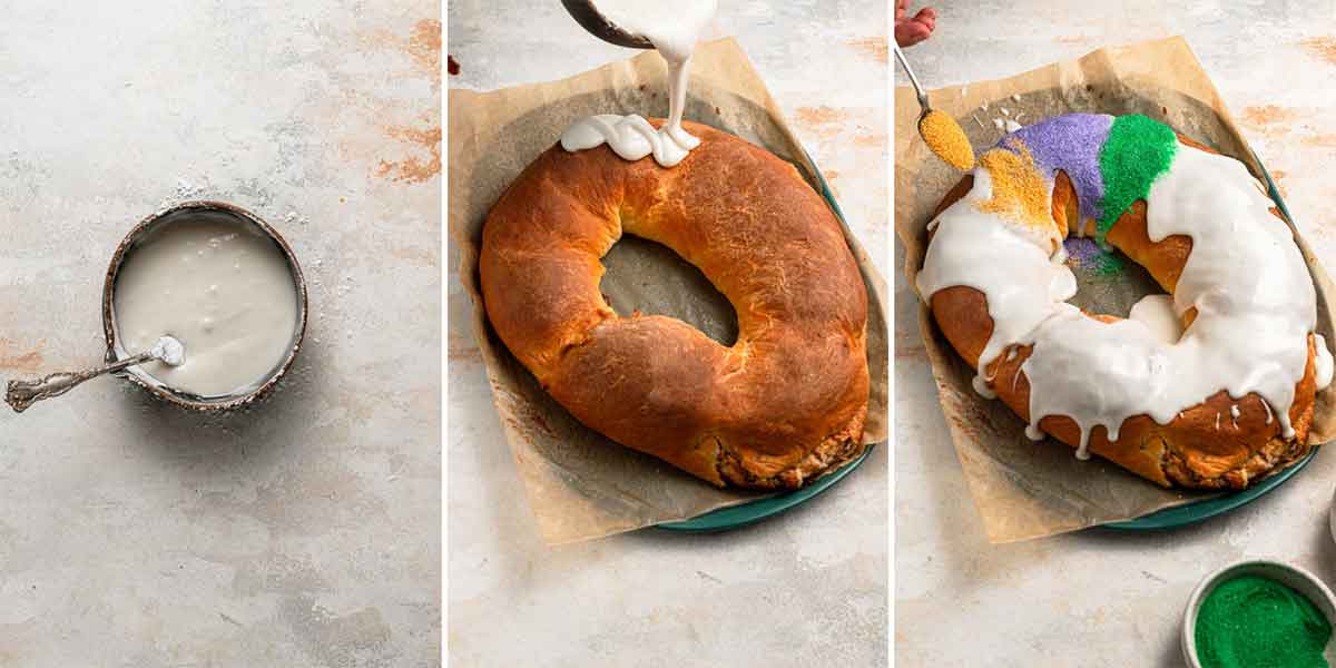 A set of photos showing how to ice and decorate a king cake after it has been baked.