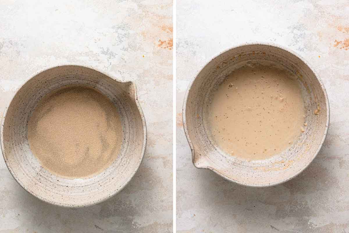 Yeast, water, and sugar mixed in a bowl and left to bloom.
