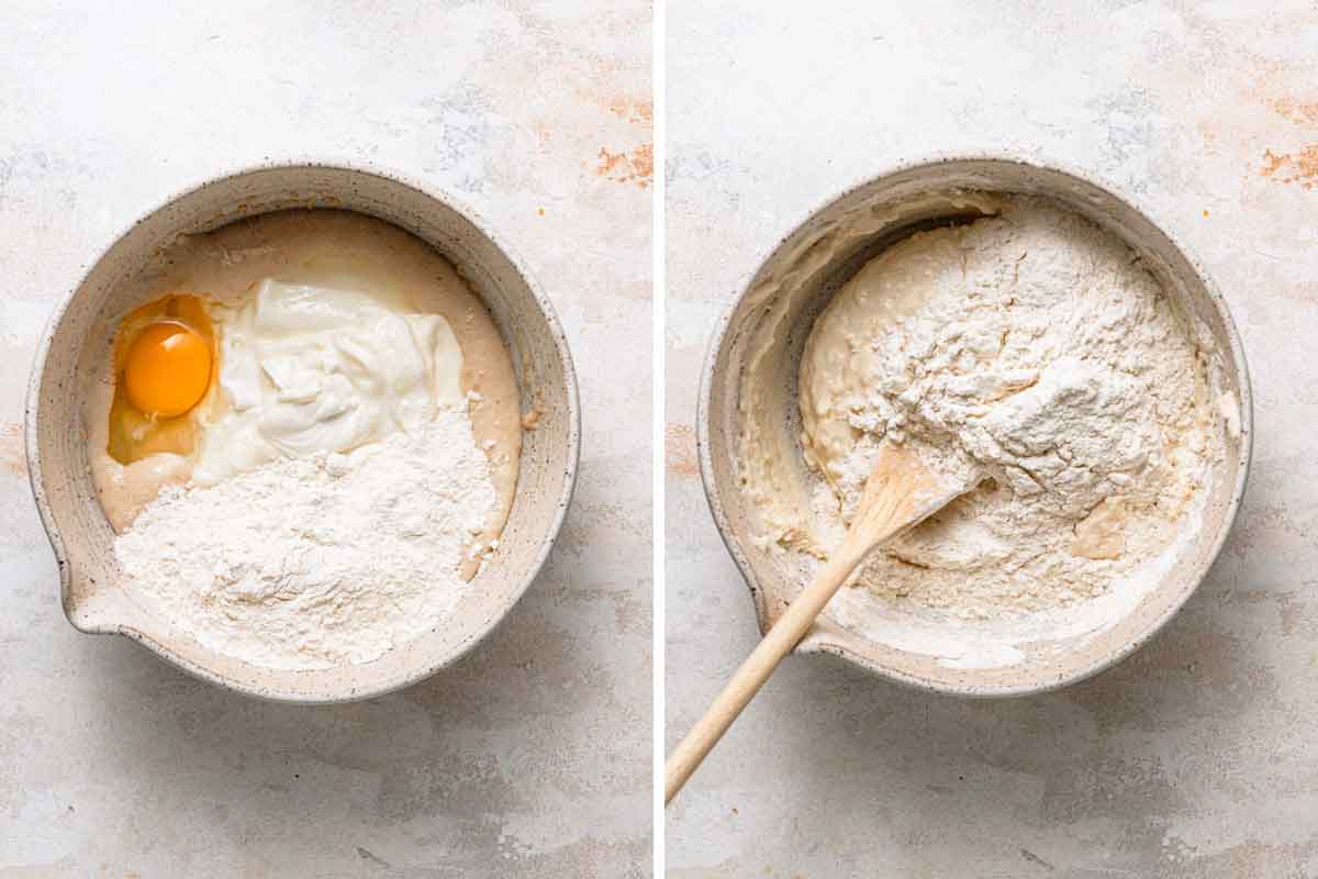 Side by side photos of egg and flour being added to king cake dough and mixed with a wooden spoon.