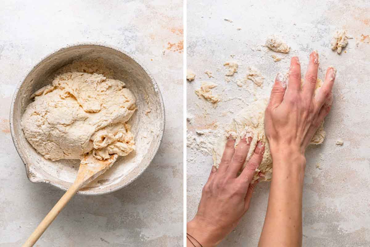 Photos of king cake dough being kneaded by hand.