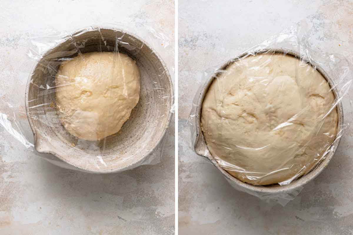 Before and after photos of king cake dough rising in a bowl until doubled in size.