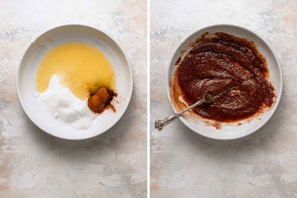 King cake filling of sugar, butter, and cinnamon mixed together in a bowl.