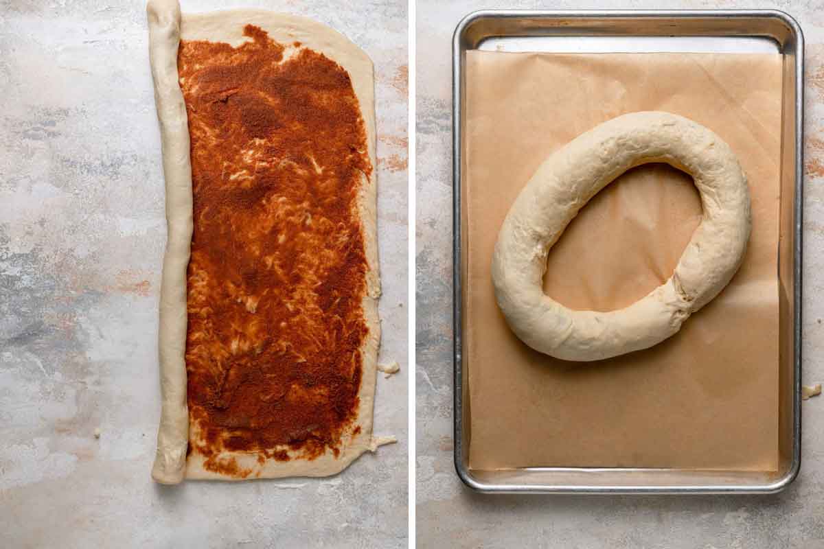King cake being rolled up with the filling, shaped into a ring, and placed on a parchment-lined baking sheet.