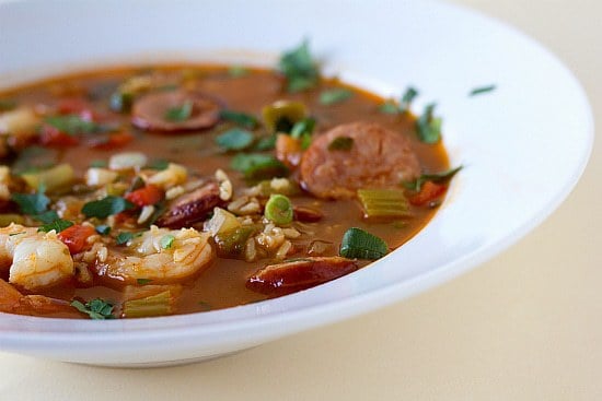 Shrimp and sausage jambalaya in a white bowl.