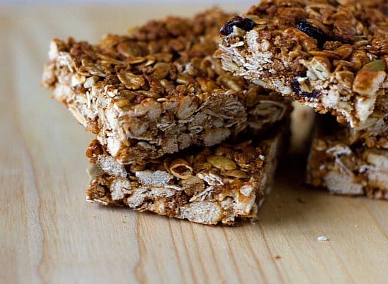 Close up image of stacked homemade granola bars.