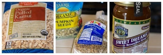 Collage of 3 images showing ingredients for homemade granola bars including puffed cereal, pumpkin seeds, sunflower seeds, and brown rice syrup.