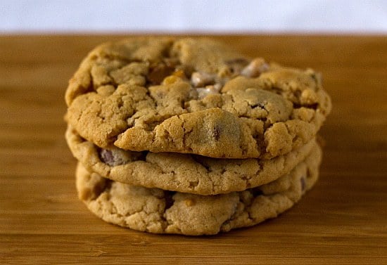 Stack of 3 peanut butter Snickers cookies.