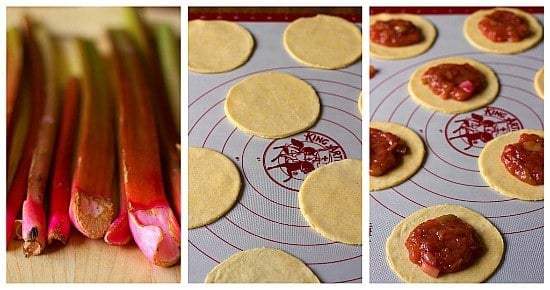 Collage of 3 images showing steps for making rhubarb pie tartlets including rhubarb, pie dough rounds, and pie dough rounds topped with rhubarb pie filling.