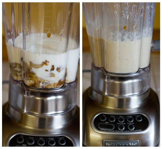 Collage of 2 images showing ingredients for roasted banana ice cream in a blender before and after blending.