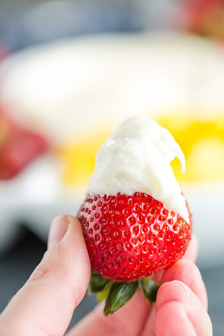 A strawberry with fruit dip.