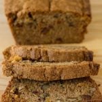 A loaf of zucchini pineapple bread sliced.