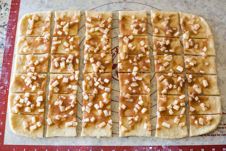 The dough for Apple Cinnamon Sugar Pull Apart Bread rolled up, loaded with apples, cinnamon and sugar, and cut into squares.