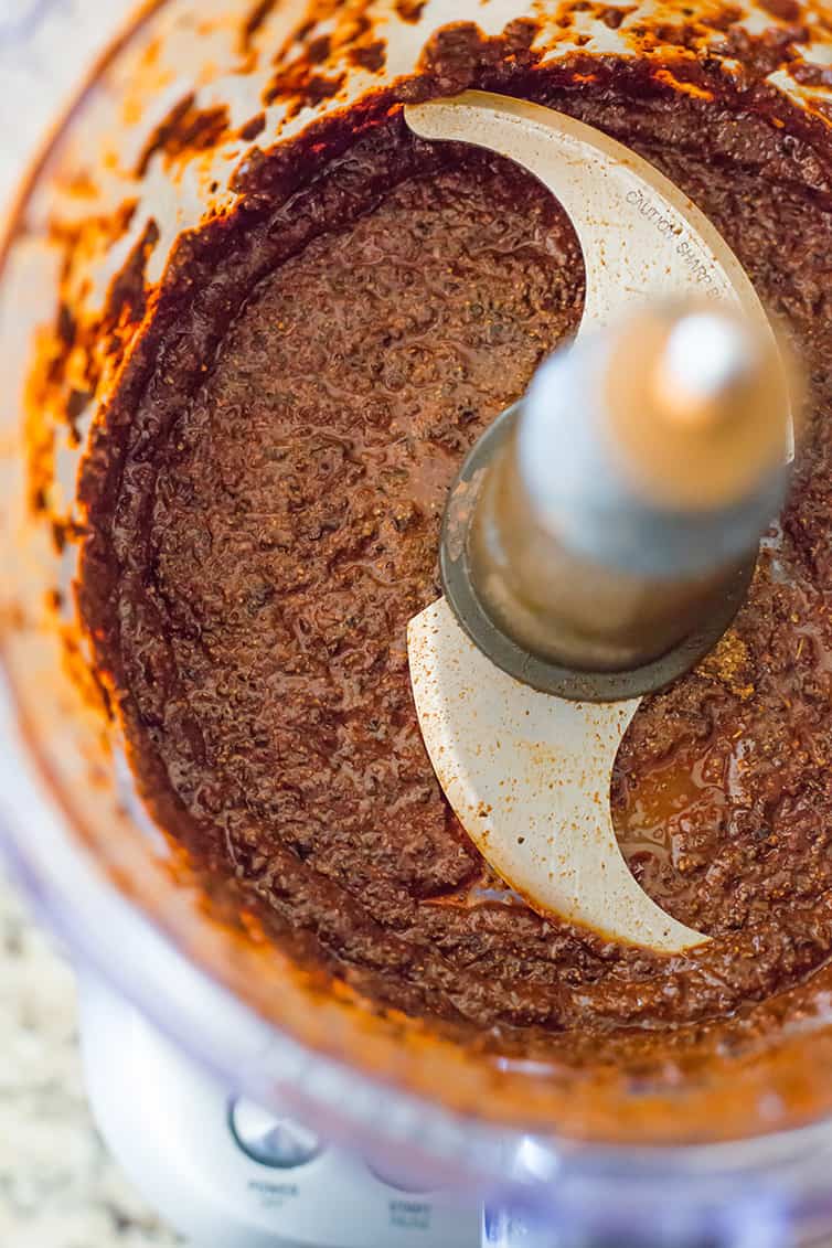 Homemade chili paste in food processor.