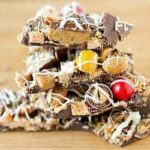 Stack of pieces of leftover Halloween chocolate candy bark.