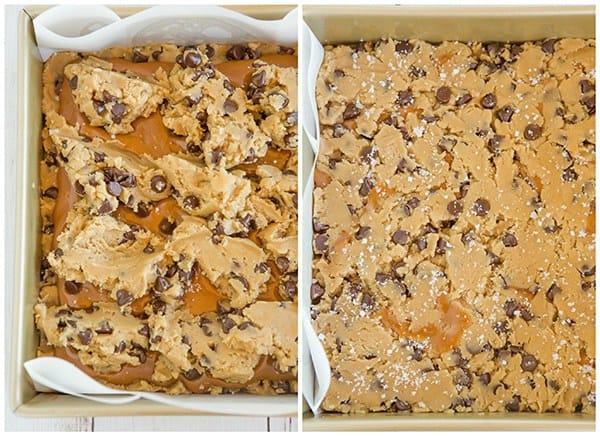 Salted Caramel Chocolate Chip Cookie Bars - A layer of salted caramel sauce is sandwiched between layers of a favorite chocolate chip cookie dough recipe, then topped with a sprinkle of fleur de sel.